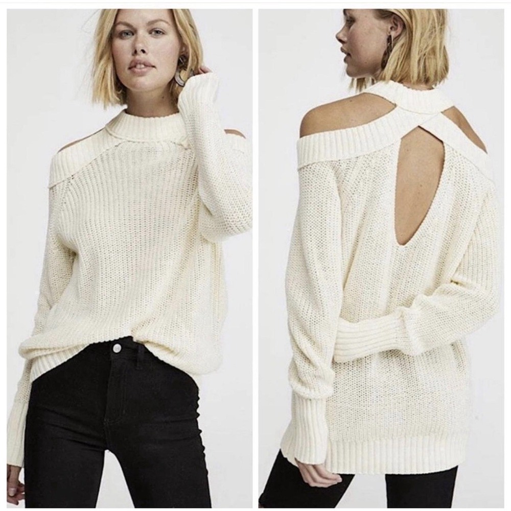 Free People Half Moon Bay Pullover Sweater ivory Chunky Ribbed Cold Shoulder Sm